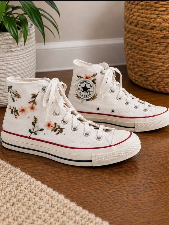 Converse Shoes - CONVERSE Chuck Taylor White High Tops Custom Embroidered 70s Floral Design Size